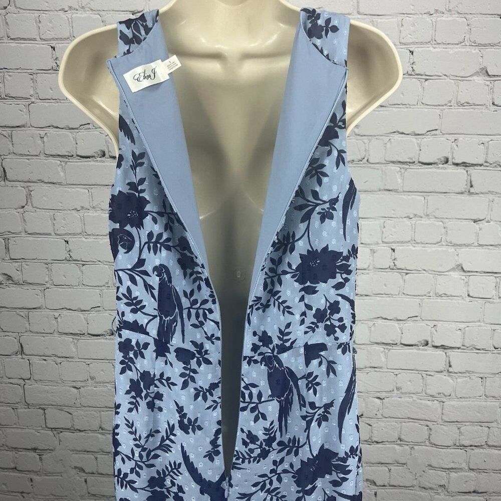 Eliza J Blue Macaw Bird Floral Sleeveless Textured Ruching Midi Trumpet Dress 8 - Picture 9 of 13